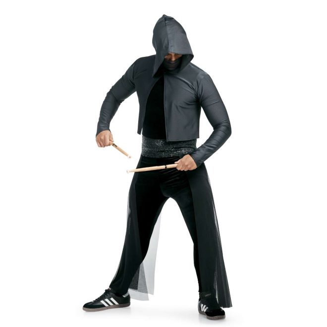 custom black percussion uniform with grey long sleeve hooded jacket over on performer front view holding drumsticks