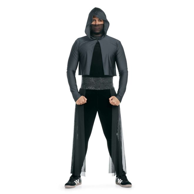 custom black percussion uniform with grey long sleeve hooded jacket over on performer front view