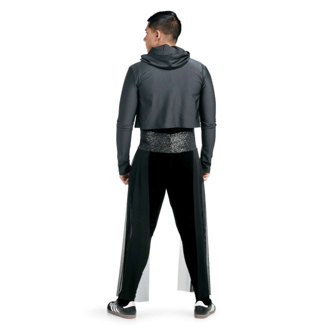 custom black percussion uniform with grey long sleeve hooded jacket over on performer back view