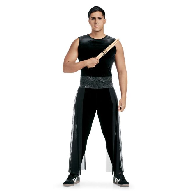 custom black percussion sleeveless percussion uniform on performer holding drumsticks front view