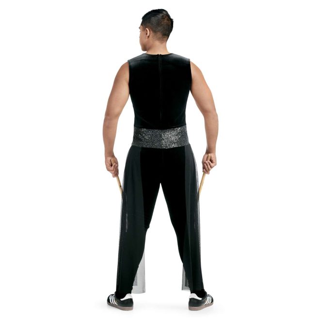 custom black sleeveless percussion uniform on performer back view