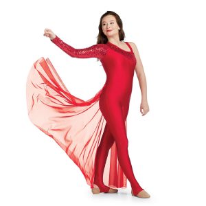 Custom legging color guard unitard. Left sleeveless red strap, Right arm long sleeve red sequin. Sequin sleeve continues across chest down in a stripe on outside of left leg. Rest of chest and pants solid red. Red mesh back half floor length skirt. Front view on model