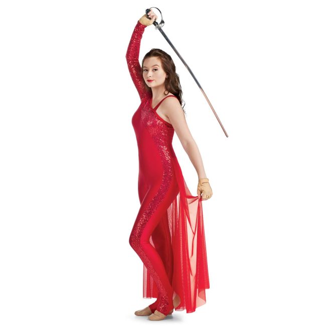 Custom legging color guard unitard. Left sleeveless red strap, Right arm long sleeve red sequin. Sequin sleeve continues across chest down in a stripe on outside of left leg. Rest of chest and pants solid red. Red mesh back half floor length skirt. Side view on model holding sabre