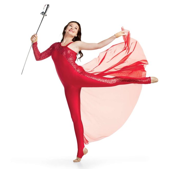 Custom legging color guard unitard. Left sleeveless red strap, Right arm long sleeve red sequin. Sequin sleeve continues across chest down in a stripe on outside of left leg. Rest of chest and pants solid red. Red mesh back half floor length skirt. Front view on model holding sabre