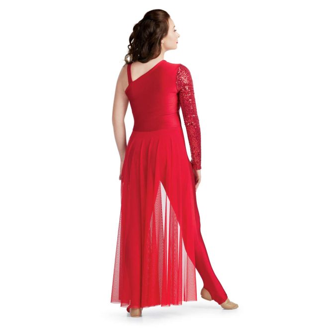 Custom legging color guard unitard. Left sleeveless red strap, Right arm long sleeve red sequin. Back and pants solid red. Red mesh back half floor length skirt. Back view on model