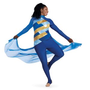 Custom long sleeve legging color guard unitard. Right arm and neck mesh blue. Left arm and legs royal blue. Chest has rectangles of diagonal light blue, gold, and royal stripes. Floor length blue mesh back half skirt. Front view on model