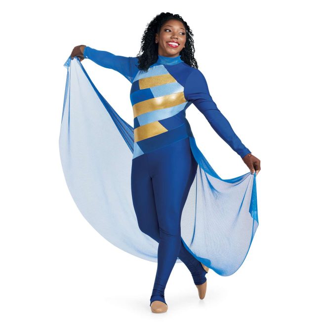 Custom long sleeve legging color guard unitard. Right arm and neck mesh blue. Left arm and legs royal blue. Chest has rectangles of diagonal light blue, gold, and royal stripes. Floor length blue mesh back half skirt. Front view on model
