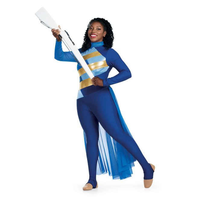 Custom long sleeve legging color guard unitard. Right arm and neck mesh blue. Left arm and legs royal blue. Chest has rectangles of diagonal light blue, gold, and royal stripes. Floor length blue mesh back half skirt. Front view on model holding rifle