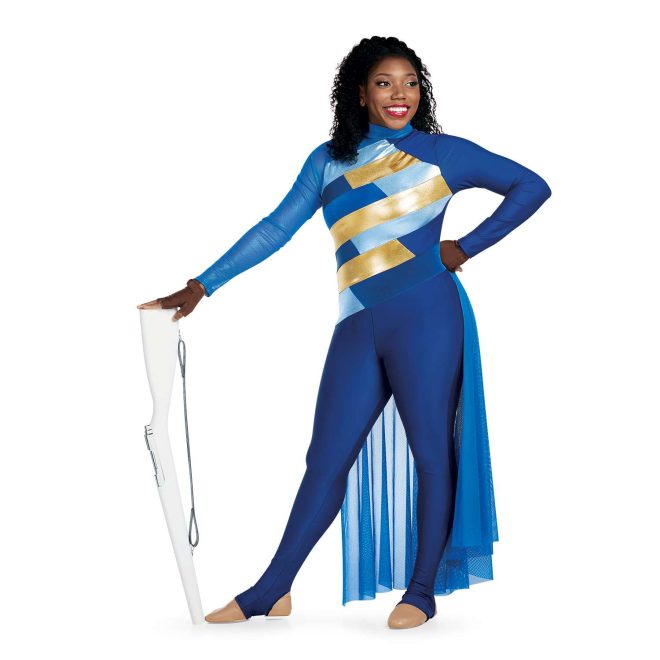 Custom long sleeve legging color guard unitard. Right arm and neck mesh blue. Left arm and legs royal blue. Chest has rectangles of diagonal light blue, gold, and royal stripes. Floor length blue mesh back half skirt. Front view on model holding rifle