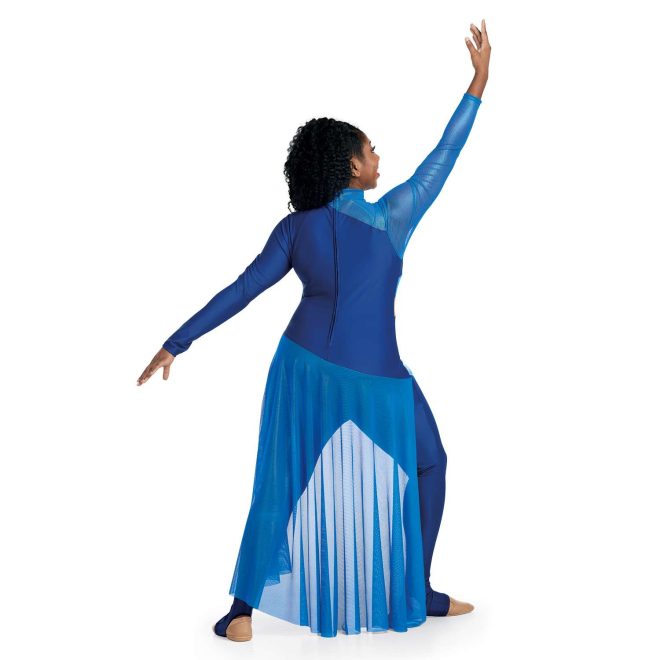 Custom long sleeve legging color guard unitard. Right arm and neck mesh blue. Left arm, body and legs royal blue. Floor length blue mesh back half skirt. Back view on model