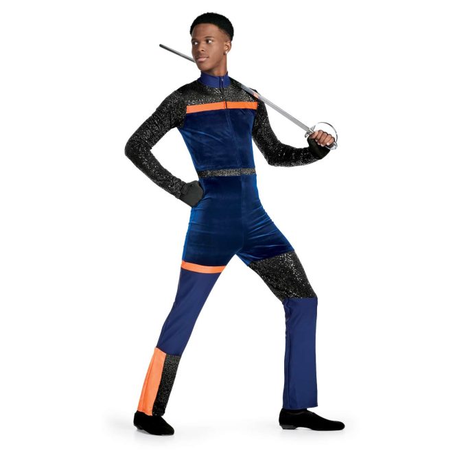 Custom long sleeve pant color guard unitard. Navy neck, back and chest, and legs. Black sequin shoulders and sleeves and small strip around waist and block above left knee and inside leg below right knee. Orange stripe separating black and navy on chest and back and small stripe on right thigh and on outside of right leg below knee. Front view on model holding sabre