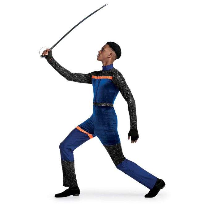 Custom long sleeve pant color guard unitard. Navy neck, back and chest, and legs. Black sequin shoulders and sleeves and small strip around waist and block above left knee and inside leg below right knee. Orange stripe separating black and navy on chest and back and small stripe on right thigh and on outside of right leg below knee. Front view on model holding sabre