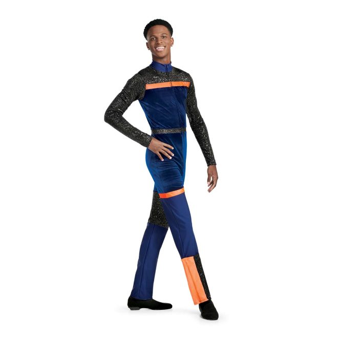Custom long sleeve pant color guard unitard. Navy neck, back and chest, and legs. Black sequin shoulders and sleeves and small strip around waist and block above left knee and inside leg below right knee. Orange stripe separating black and navy on chest and back and small stripe on right thigh and on outside of right leg below knee. Front view on model
