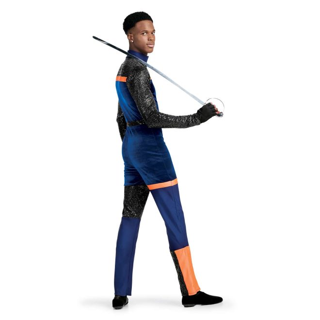 Custom long sleeve pant color guard unitard. Navy neck, back and chest, and legs. Black sequin shoulders and sleeves and small strip around waist and block above left knee and inside leg below right knee. Orange stripe separating black and navy on chest and back and small stripe on right thigh and on outside of right leg below knee. Side view on model holding sabre