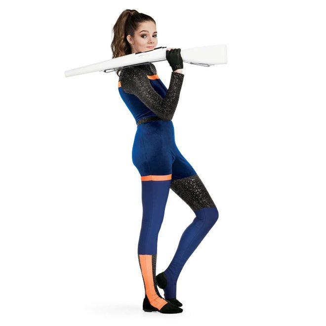 Custom long sleeve legging color guard unitard. Navy neck, back and chest, and legs. Black sequin shoulders and sleeves and small strip around waist and block above left knee and inside leg below right knee. Orange stripe separating black and navy on chest and back and small stripe on right thigh and on outside of right leg below knee. Side view on model holding rifle