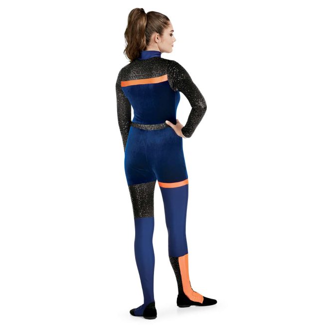 Custom long sleeve legging color guard unitard. Navy neck, back and chest, and legs. Black sequin shoulders and sleeves and small strip around waist and block above left knee and inside leg below right knee. Orange stripe separating black and navy on chest and back and small stripe on right thigh and on outside of right leg below knee. Back view on model