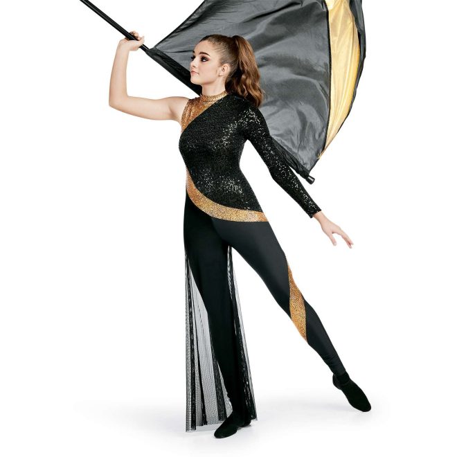 Custom legging color guard unitard. Right arm sleeveless, left arm black sequin. Most of chest is black sequin. Right chest and neck is gold sequin that snakes across lower back and around hip, and gold sequin chevron around knee. Left leg has black mesh around. Everything below gold strip is solid black. Front view on model holding black and gold flag