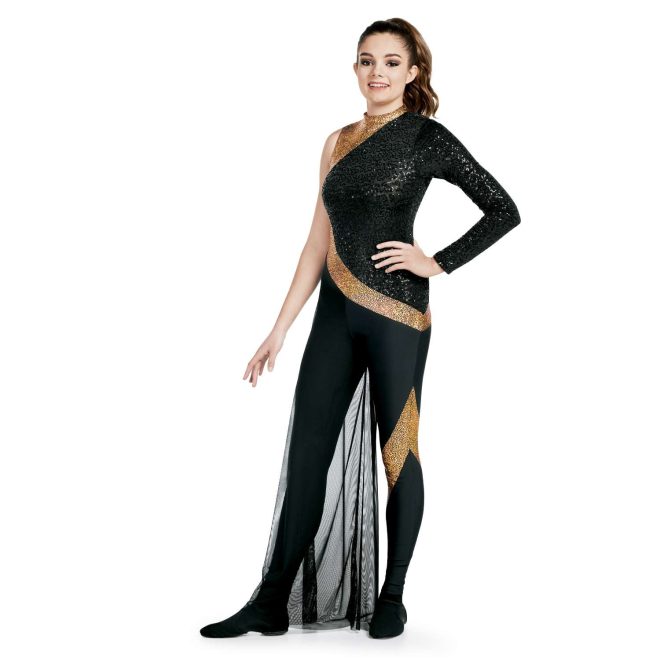 Custom legging color guard unitard. Right arm sleeveless, left arm black sequin. Most of chest is black sequin. Right chest and neck is gold sequin that snakes across lower back and around hip, and gold sequin chevron around knee. Left leg has black mesh around. Everything below gold strip is solid black. Front view on model
