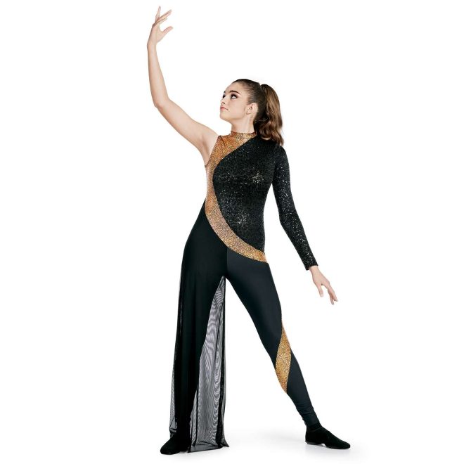 Custom legging color guard unitard. Right arm sleeveless, left arm black sequin. Most of chest is black sequin. Right chest and neck is gold sequin that snakes across lower back and around hip, and gold sequin chevron around knee. Left leg has black mesh around. Everything below gold strip is solid black. Front view on model