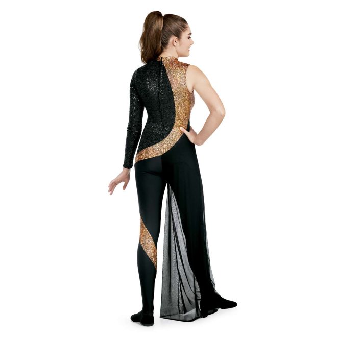 Custom legging color guard unitard. Right arm sleeveless, left arm black sequin. Most of back is black sequin. Right back and neck is gold sequin that snakes across lower back and around hip, and gold sequin chevron on left knee. Right leg has black mesh over. Everything below gold strip is solid black. Back view on model