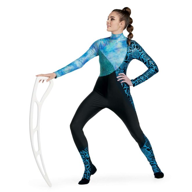Custom long sleeve legging color guard unitard. Left arm and side of chest down to a point below hip black with turquoise line and shape pattern, same pattern on lower front half of each leg. Right arm and chest mixture of blues and white. Section of sequin turquoise lower right chest. Lower stomach and rest of legs black. Front view on model holding airblade