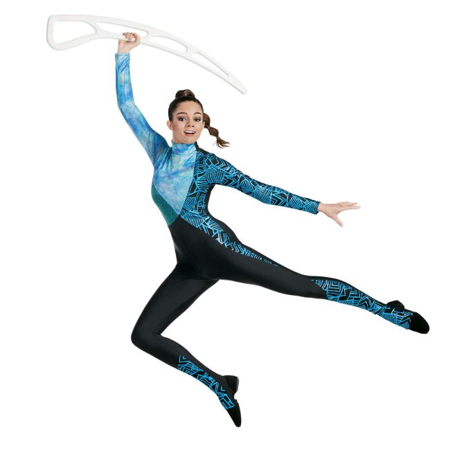 Custom long sleeve legging color guard unitard. Left arm and side of chest down to a point below hip black with turquoise line and shape pattern, same pattern on lower front half of each leg. Right arm and chest mixture of blues and white. Section of sequin turquoise lower right chest. Lower stomach and rest of legs black. Front view on model holding airblade