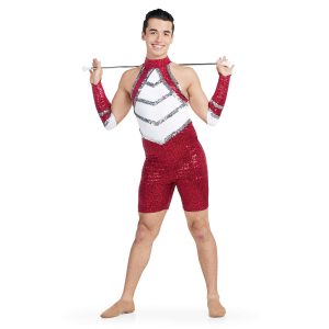 custom a-line sleeveless Red Micro Sequin, White Matte Spandex, Silver Sequin Trim men shorts unitard majorette uniform front view on model wearing matching Red Micro Sequin, White Matte Spandex, Silver Sequin Trim gauntlets holding baton