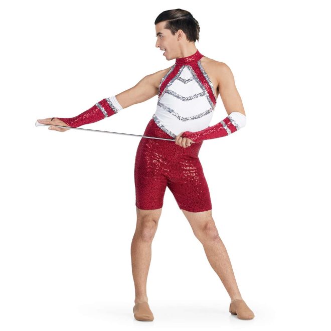 custom a-line sleeveless Red Micro Sequin, White Matte Spandex, Silver Sequin Trim men shorts unitard majorette uniform front view on model wearing matching Red Micro Sequin, White Matte Spandex, Silver Sequin Trim gauntlets holding baton