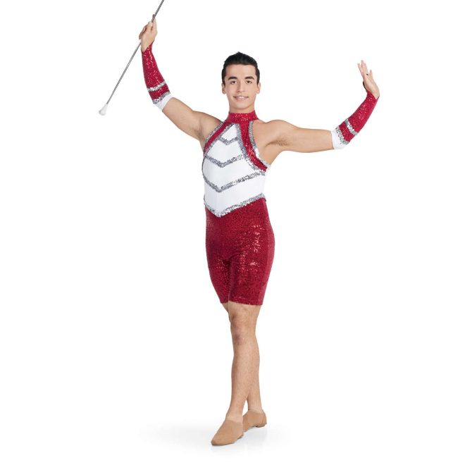 custom a-line sleeveless Red Micro Sequin, White Matte Spandex, Silver Sequin Trim men shorts unitard majorette uniform front view on model wearing matching Red Micro Sequin, White Matte Spandex, Silver Sequin Trim gauntlets holding baton