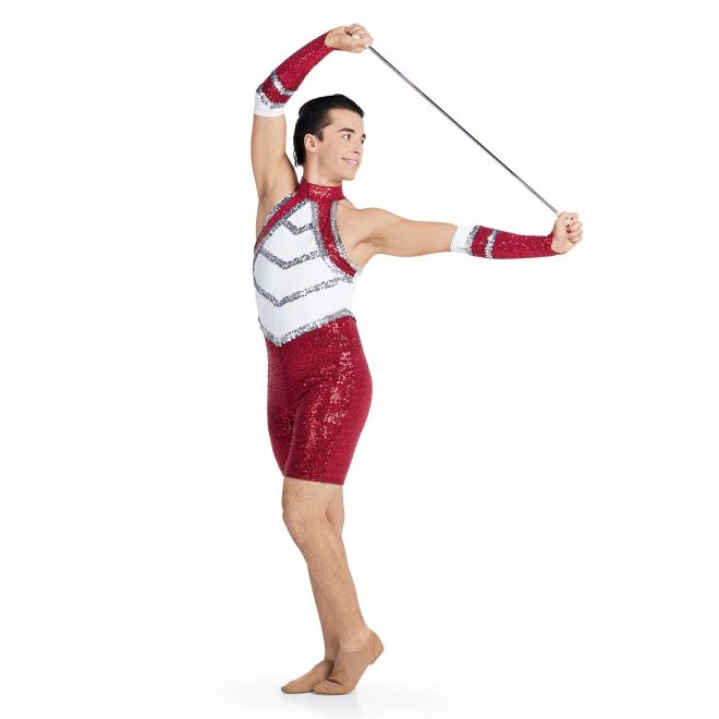 custom a-line sleeveless Red Micro Sequin, White Matte Spandex, Silver Sequin Trim men shorts unitard majorette uniform front view on model wearing matching Red Micro Sequin, White Matte Spandex, Silver Sequin Trim gauntlets holding baton