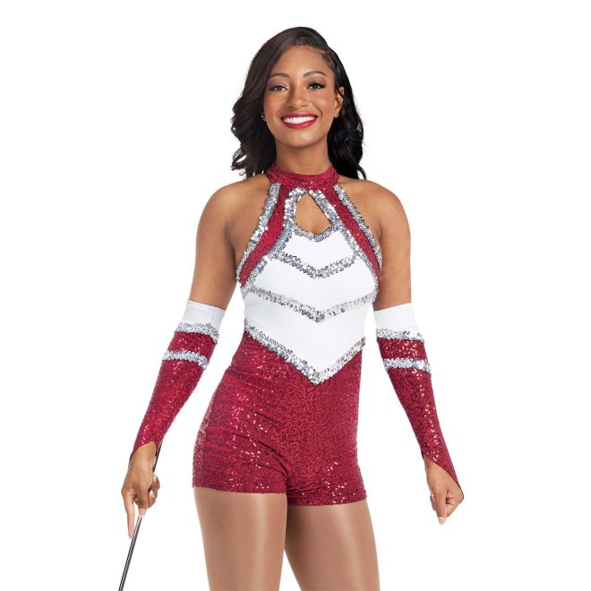 custom a-line sleeveless Red Micro Sequin, White Matte Spandex, Silver Sequin Trim with keyhole bodice, shorts majorette unitard uniform front view on model wearing matching Gauntlets in Red Micro Sequin, White Matte Spandex, Silver Sequin Trim holding baton wearing white boots