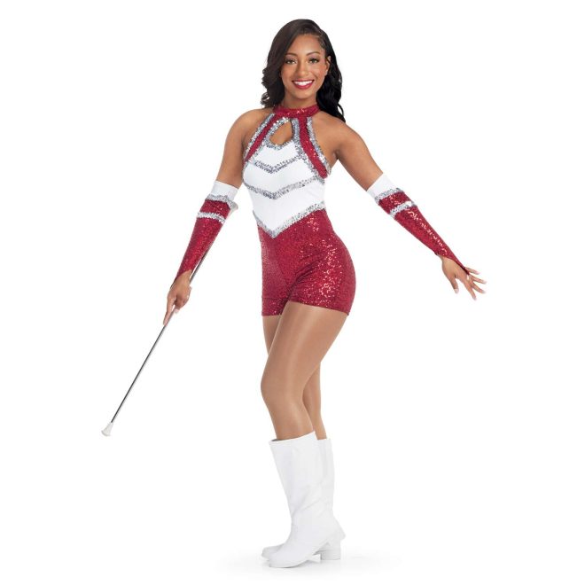 custom a-line sleeveless Red Micro Sequin, White Matte Spandex, Silver Sequin Trim with keyhole bodice, shorts majorette unitard uniform front view on model wearing matching Gauntlets in Red Micro Sequin, White Matte Spandex, Silver Sequin Trim holding baton wearing white boots