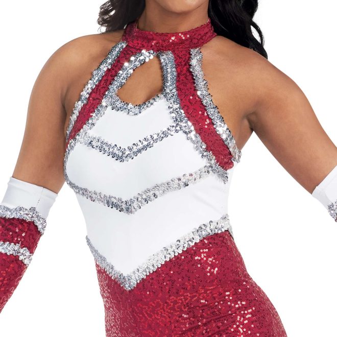 custom a-line sleeveless Red Micro Sequin, White Matte Spandex, Silver Sequin Trim with keyhole bodice, shorts majorette unitard uniform front view on model wearing matching Gauntlets in Red Micro Sequin, White Matte Spandex, Silver Sequin Trim