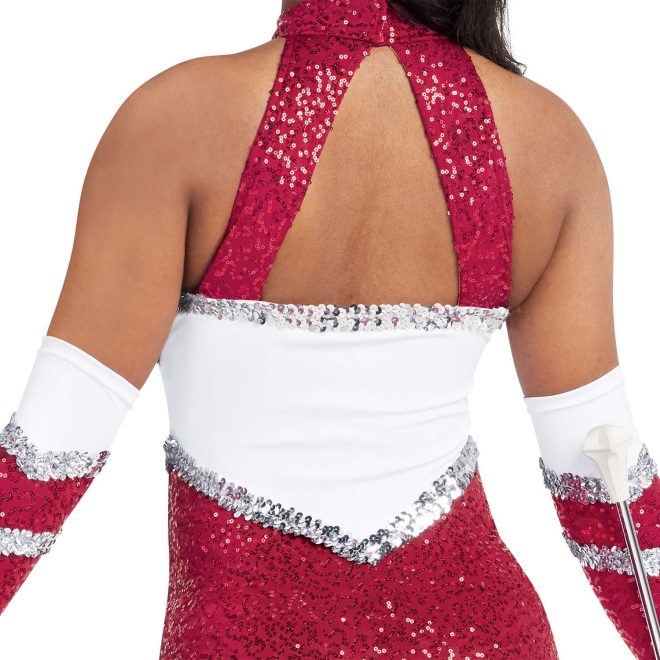 custom a-line sleeveless Red Micro Sequin, White Matte Spandex, Silver Sequin Trim with keyhole back shorts majorette unitard uniform back view on model wearing matching Gauntlets in Red Micro Sequin, White Matte Spandex, Silver Sequin Trim and holding baton
