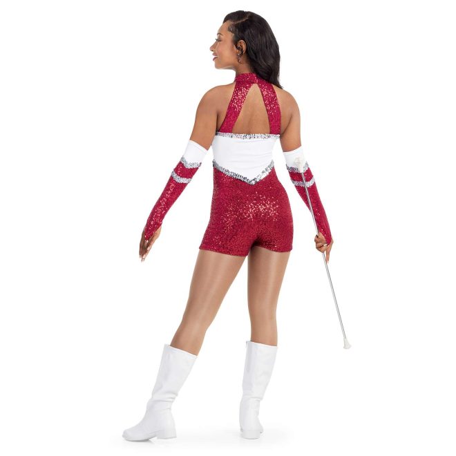 custom a-line sleeveless Red Micro Sequin, White Matte Spandex, Silver Sequin Trim with keyhole back shorts majorette unitard uniform back view on model wearing matching Gauntlets in Red Micro Sequin, White Matte Spandex, Silver Sequin Trim and white boots holding baton