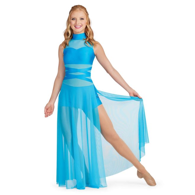 Custom sleeveless boy short color guard unitard. Turquoise neck, chest and crisscrossed waist. Between neck and chest, and under crisscrossed waist is mesh turquoise. Boy shorts are turquoise with mesh floor length skirt over with a slit in left. Front view on model