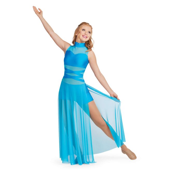 Custom sleeveless boy short color guard unitard. Turquoise neck, chest and crisscrossed waist. Between neck and chest, and under crisscrossed waist is mesh turquoise. Boy shorts are turquoise with mesh floor length skirt over with a slit in left. Front view on model