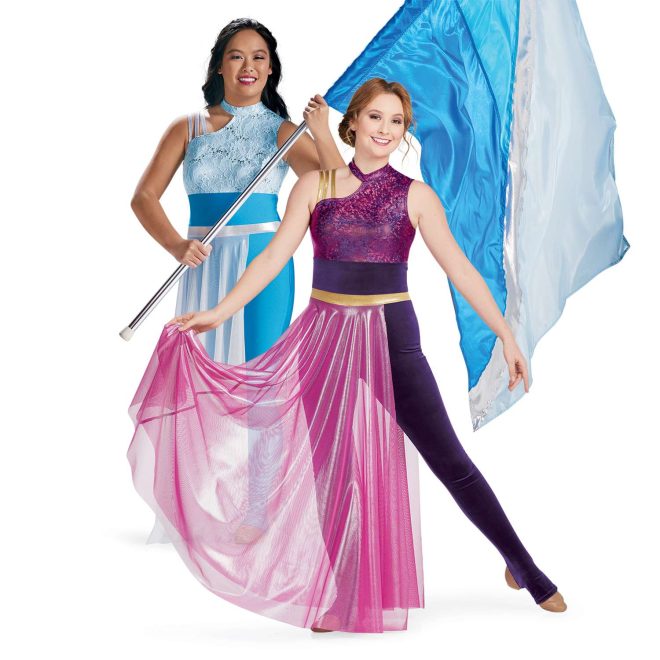 Two color variations of custom color guard uniforms. 1. Custom sleeveless legging color guard unitard. Right shoulder has three thin white straps and cutout from neck. Left shoulder, neck and chest light blue lace. Pants are blue with white mesh partial floor length skirt. Front view on model holding blue and silver flag. 2. Custom sleeveless legging color guard unitard. Right shoulder has three thin gold straps and cutout from neck. Left shoulder, neck and chest magenta sequin. Pants are velvet purple with magenta mesh partial floor length skirt with gold band around waist. Front view on model