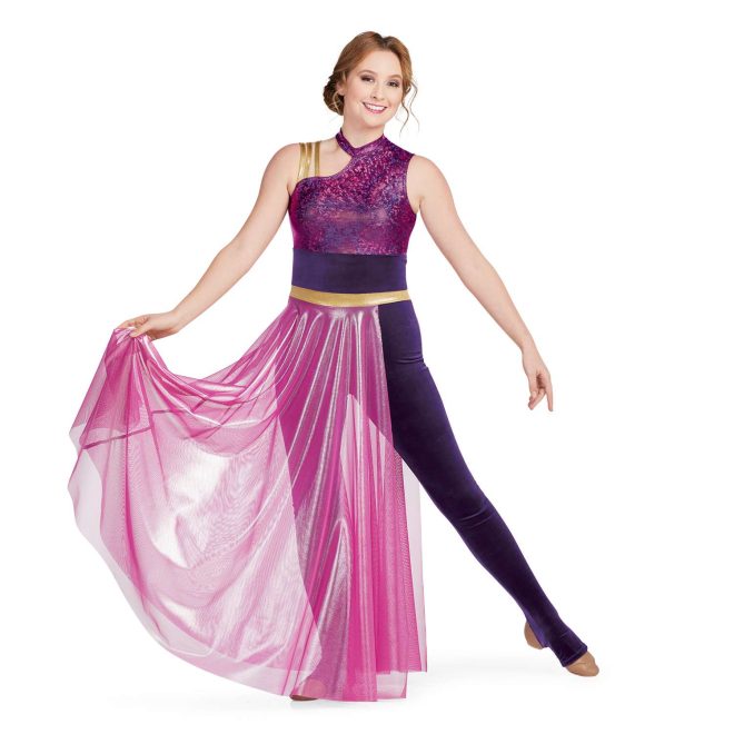 Custom sleeveless legging color guard unitard. Right shoulder has three thin gold straps and cutout from neck. Left shoulder, neck and chest magenta sequin. Pants are velvet purple with magenta mesh partial floor length skirt with gold band around waist. Front view on model