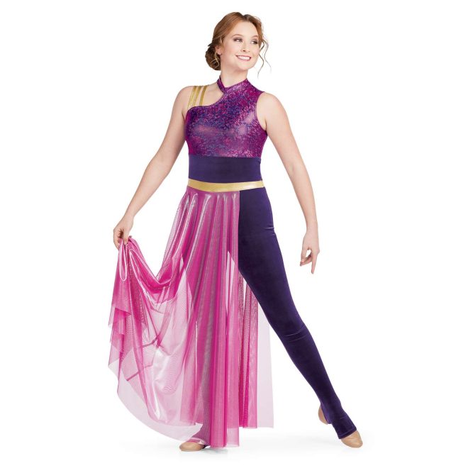 Custom sleeveless legging color guard unitard. Right shoulder has three thin gold straps and cutout from neck. Left shoulder, neck and chest magenta sequin. Pants are velvet purple with magenta mesh partial floor length skirt with gold band around waist. Front view on model