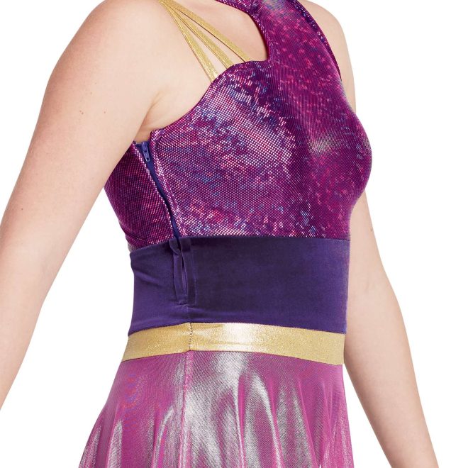 Custom sleeveless legging color guard unitard. Right shoulder has three thin gold straps and cutout from neck. Left shoulder, neck and chest magenta sequin. Pants are velvet purple with magenta mesh partial floor length skirt with gold band around waist. side view on model