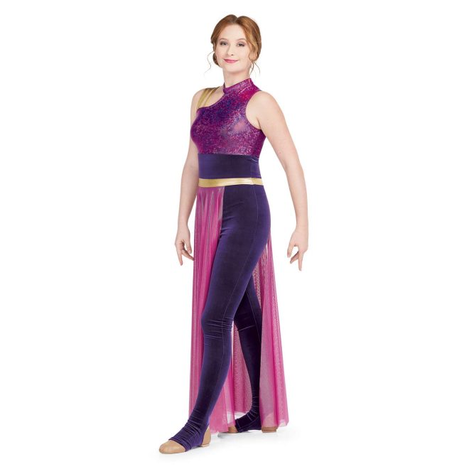 Custom sleeveless legging color guard unitard. Right shoulder has three thin gold straps and cutout from neck. Left shoulder, neck and chest magenta sequin. Pants are velvet purple with magenta mesh partial floor length skirt with gold band around waist. Front view on model