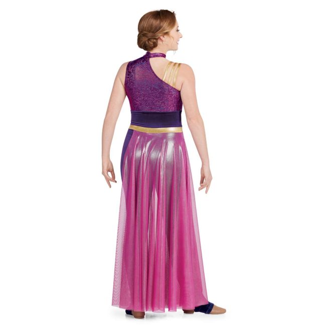 Custom sleeveless legging color guard unitard. Right shoulder has three thin gold straps and cutout from neck. Left shoulder, neck and chest magenta sequin. Pants are velvet purple with magenta mesh partial floor length skirt with gold band around waist. Back view on model