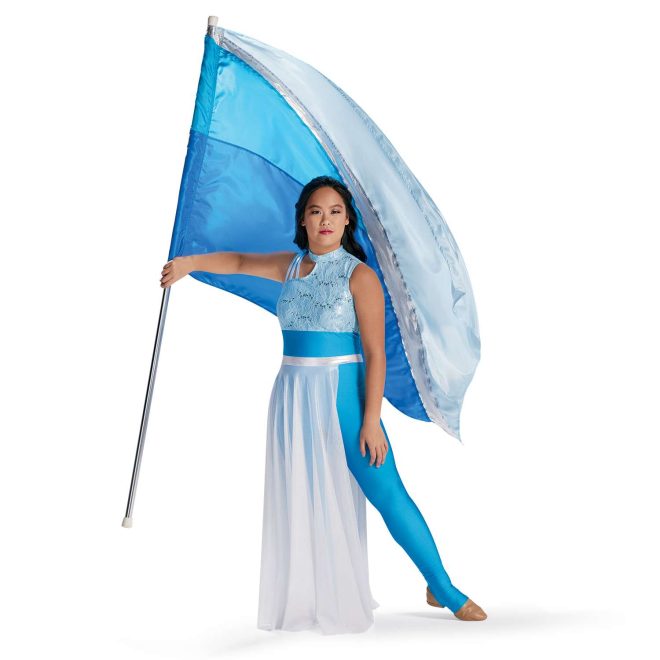 Custom sleeveless legging color guard unitard. Right shoulder has three thin white straps and cutout from neck. Left shoulder, neck and chest light blue lace. Pants are blue with white mesh partial floor length skirt. Front view on model holding blue and silver flag