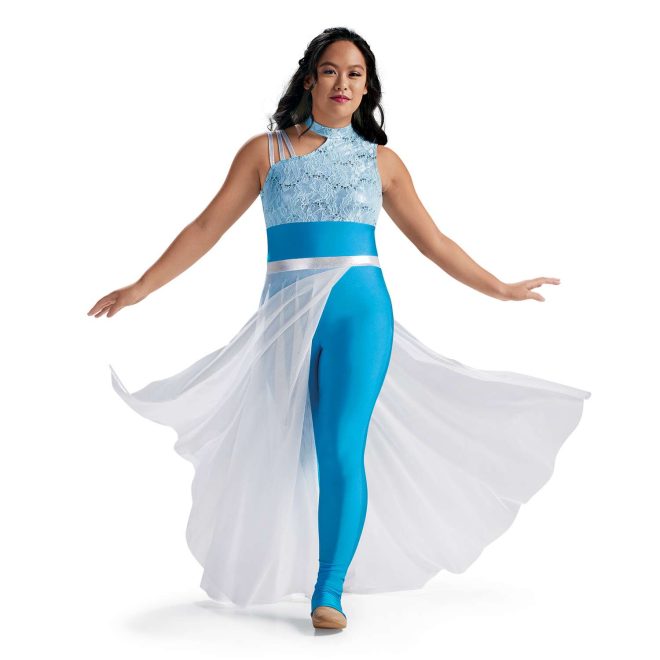 Custom sleeveless legging color guard unitard. Right shoulder has three thin white straps and cutout from neck. Left shoulder, neck and chest light blue lace. Pants are blue with white mesh partial floor length skirt. Front view on model