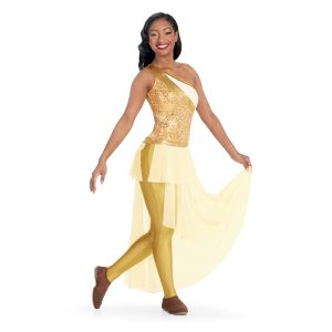 Custom color guard skirted unitard. One sleeve gold, white, and sequin gold top with yellow leggings and light yellow skirt front view