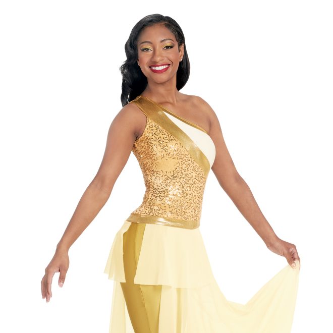 Custom color guard skirted unitard. One sleeve gold, white, and sequin gold top with yellow leggings and light yellow skirt front view