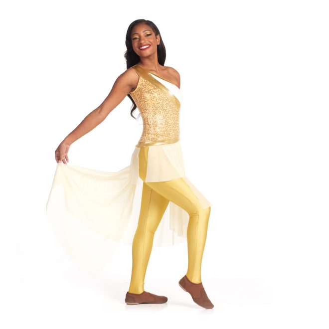 Custom color guard skirted unitard. One sleeve gold, white, and sequin gold top with yellow leggings and light yellow skirt side view