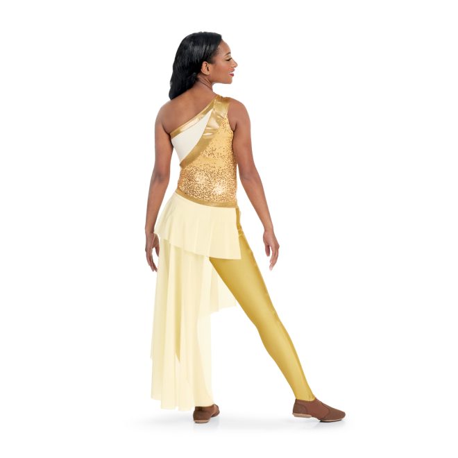 Custom color guard skirted unitard. One sleeve gold, white, and sequin gold top with yellow leggings and light yellow skirt back view