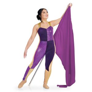 Custom sleeveless legging color guard unitard. Gold straps and neck with cutout upper chest, right chest and left leg velvet purple. Left chest and right leg purple sequin. Right side has gold sequin stripe from under arm to knee and solid gold inside leg from knee down. Left side has gold stripe from under arm to knee and sequin gold from knee down and solid gold on inside leg from knee down. Front view on model holding purple flag